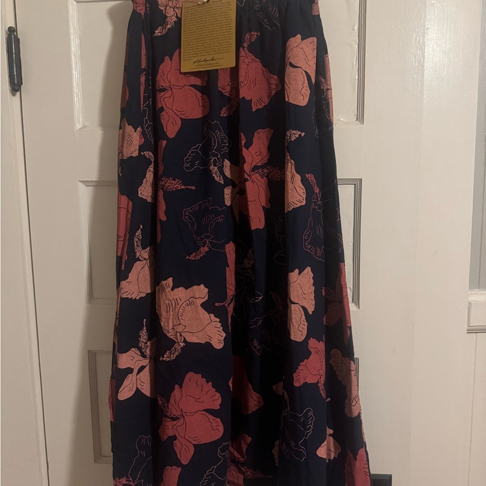 Kealopiko Dark Blue and Pink Floral A-Line Skirt NWT